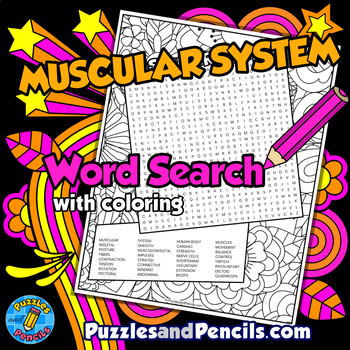 Preview of Muscular System Word Search Puzzle Activity Page with Coloring | Human Body