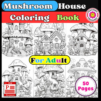 Preview of Mushroom House Coloring book, Fairy & Gnomes Houses, Fantasy Coloring Sheets
