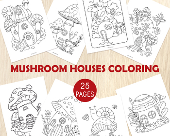 Preview of Mushroom Houses Coloring Pages, Fairy & Gnomes Houses, Fantasy Coloring Sheets