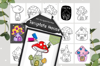 Preview of Mushrooms House Doodles Template Coloring Collection Set PDF + Free PNG File
