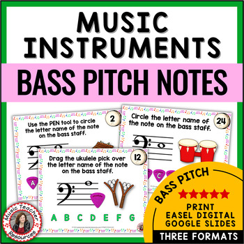 Preview of Music Activities - Bass Clef Notes Worksheets and Task Cards - Music Instruments