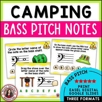 Preview of Music Activities - Bass Clef Notes Worksheets and Task Cards - Camping