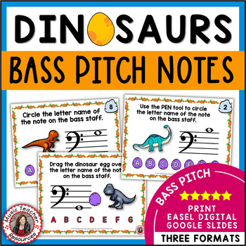 Preview of Music Activities - Bass Clef Notes Worksheets and Task Cards - Dinosaurs