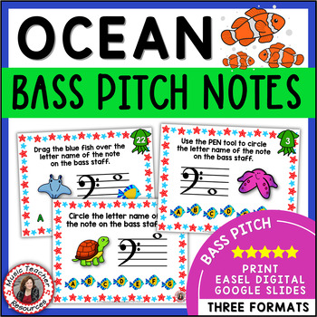 Preview of Music Activities - Bass Clef Notes Worksheets and Task Cards - The Ocean