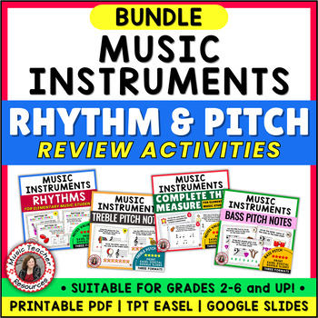 Preview of Music Activities, Rhythm, Treble & Bass Clef Notes Worksheets