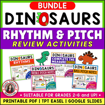 Preview of Music Activities - Rhythm - Treble & Bass Clef Notes Worksheets - Dinosaurs