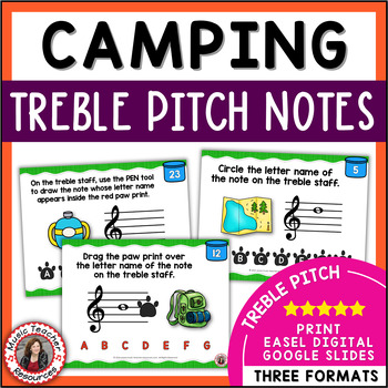 Preview of Music Activities - Treble Clef Notes Worksheets & Task Cards - Camping