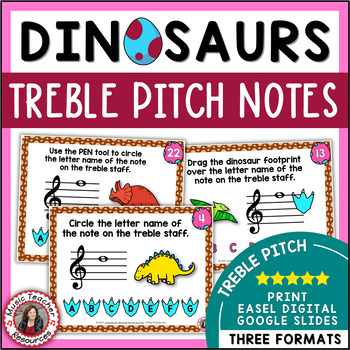 Preview of Music Activities - Treble Clef Notes Worksheets & Task Cards - Dinosaurs