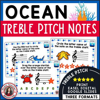 Preview of Music Activities - Treble Clef Notes Worksheets & Task Cards - The Ocean