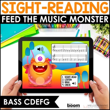 Preview of Sight-Reading Ear Training BOOM™ Cards - Feed the Music Monster Bass Clef CDEFG