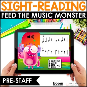 Preview of Ear Training BOOM™ Cards - Feed the Music Monster Pre-Staff Piano High & Low