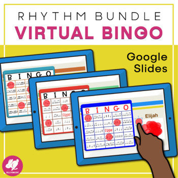 Preview of Music Bingo RHYTHM BUNDLE - GOOGLE SLIDES and PDF Music Clas & Distance Learning