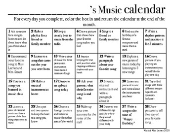 Music Calendar Choice Board by Musical Miss Lerner TPT