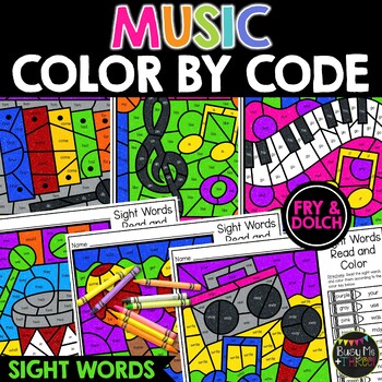 Preview of Music Class Color by Code Sight Words Activity | Piano | Notes | Coloring Page