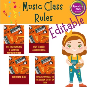 Preview of EDITABLE Music Class Rules Posters Instruments General Music Class