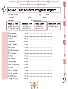 Preview of Music Class: Student Progress Report