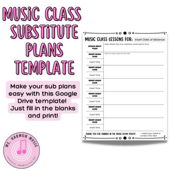 Preview of Music Class Substitute Plans Template