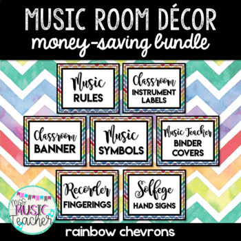 Preview of Music Classroom Decorations (BUNDLE): Rainbow Chevrons Theme
