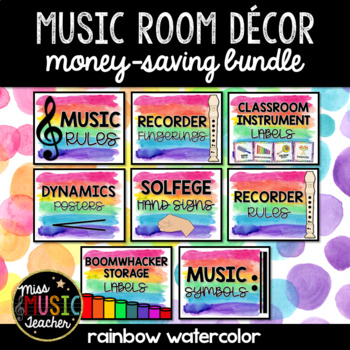 Preview of Music Classroom Decorations (BUNDLE): Rainbow Watercolor Theme
