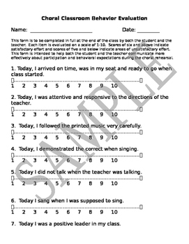 Preview of Chorus Student Behavior Rubric (For Student and Teacher) Essential resource!