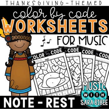 Preview of Music Color by Code - Music Coloring - Notes/Rests {Thanksgiving Theme}