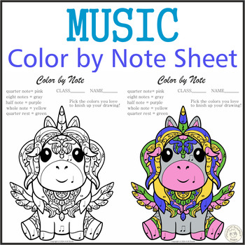 Preview of Music Color by Note Sheet | Unicorn Mandala Style | Music Coloring Sub Plan