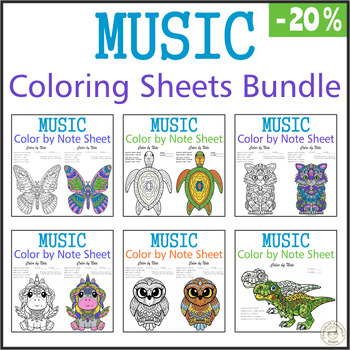 Preview of Music Coloring By Note Worksheets Bundle | Animals Mandala Style