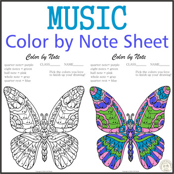 Preview of Music Color by Note Sheet | Butterfly Mandala Style | Music Coloring Sub Plan