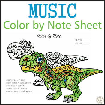 Preview of Music Color by Note Sheet | Dinosaur / Dino Mandala Style | Music Sub  Plan