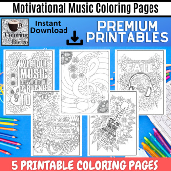 Preview of Music Coloring Pages for Young Adults, Teen, 5 Printable Musical Inspirational