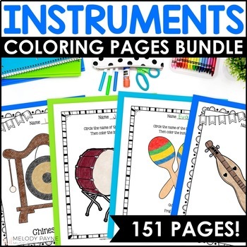 Preview of 151 Musical Instruments Coloring Pages and Worksheets BUNDLE for Music Class