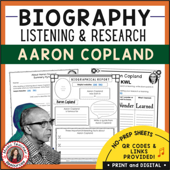 Preview of Music Composer Worksheets – AARON COPLAND Biography Research and Listening