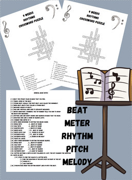 Preview of Beat, Meter, Rhythm, Pitch, and Melody - Crosswords, notes, flashcards -Bundle