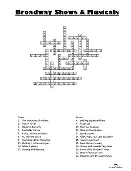 Music Crossword Broadway Shows Distance Learning TPT