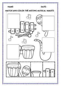 music cut and paste match ups worksheets prek 3 no prep coloring pages