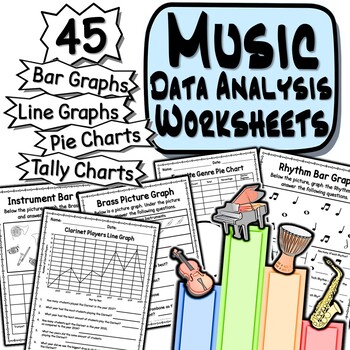 Preview of Music Data Analysis Worksheets | Pie Charts, Line Graphs, Bar Graphs & More!
