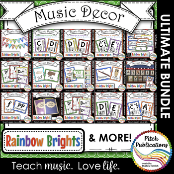 Preview of Music Decor BUNDLE - RAINBOW BRIGHTS - posters, word wall, class rules, binders!