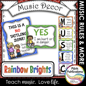 Preview of Music Decor - RAINBOW BRIGHTS - Music Rules Posters, Tattling, and more!