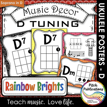 Preview of Music Decor Rainbow Brights  - Ukulele Chord Chart Posters D TUNING