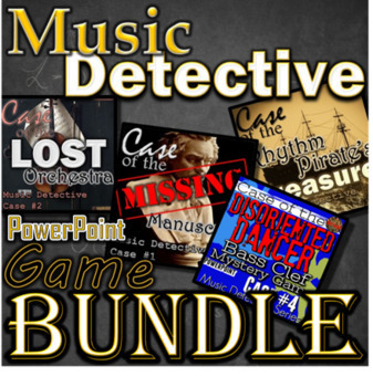 Preview of Music Detective - PPT BUNDLE - 4 games for ELEM - Treble Bass Orchestra Rhythm