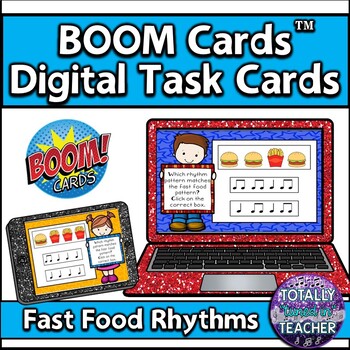 Preview of Music Distance Learning: Fast Food Rhythms quarters eighths Music BOOM Cards