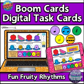 Preview of Music Distance Learning: Fun Fruity Rhythms Music BOOM Cards {sixteenth notes}