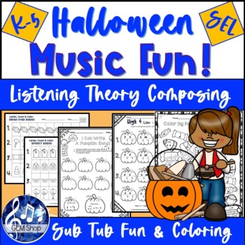Preview of OCTOBER MUSIC HALLOWEEN SEL Activities K-2 Worksheets LISTENING COLORING