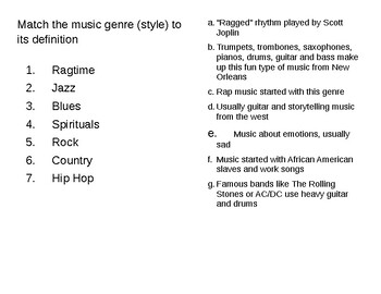 music styles worksheet