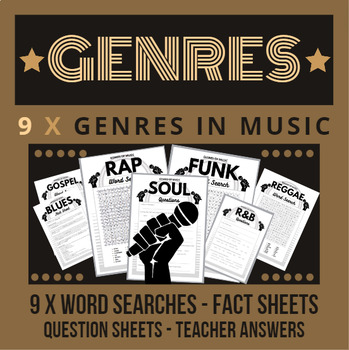 Preview of Music Genres BUNDLE of 9 x word searches with fact sheet & questions