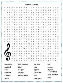 Music Genres Crossword Puzzle Word Search Combo TPT