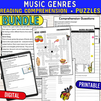 Preview of Music Genres Reading Comprehension Passage ,Puzzles,Digital & Print BUNDLE