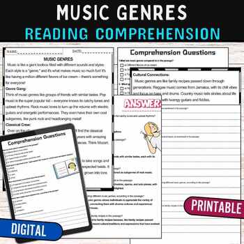 Preview of Music Genres Reading Comprehension Passage Worksheets,Digital & Print