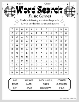 Preview of Music Genres Word Search