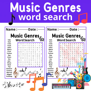 Preview of Music Genres Word Search Puzzle Worksheet Activity